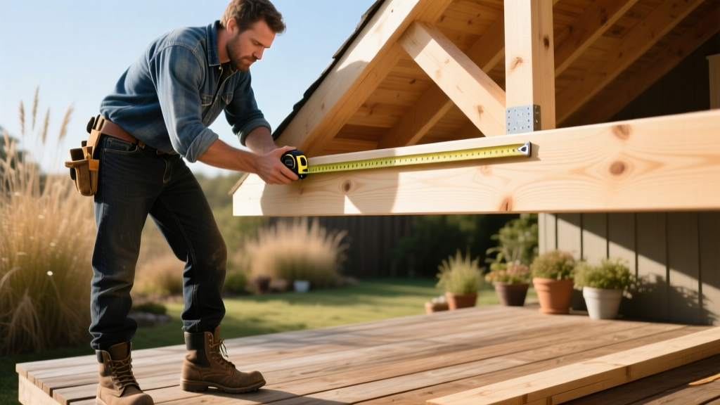 Carpenter measuring pressure-treated lumber framing for a new gable roof structure over a wooden backyard deck