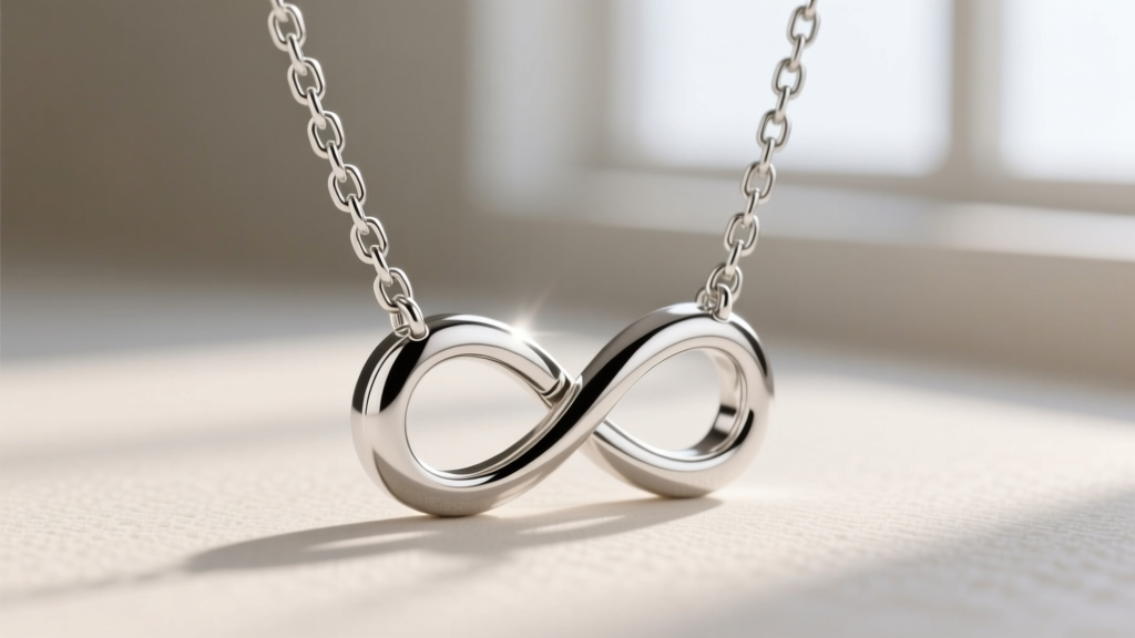 Extreme close-up of a 1.0mm stainless steel box chain threading through the bail of a polished platinum double infinity pendant.