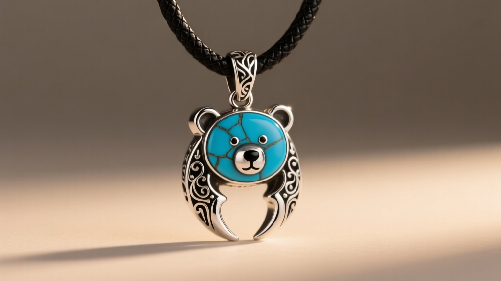 Sterling silver bear claw pendant inlaid with blue turquoise on a dark leather cord, shot against soft, warm studio lighting