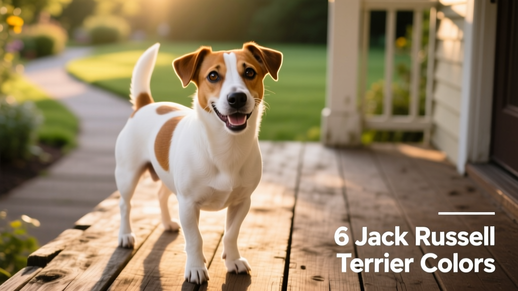 A Jack Russell Terrier with white-and-tan coloring, standing on a wooden porch with a curious, cheerful expression