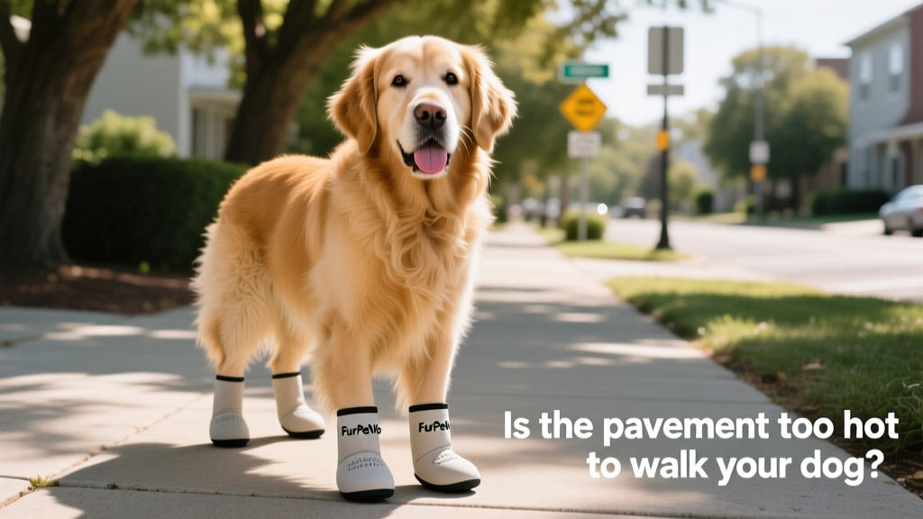 Dog wearing lightweight FurPetVo booties on a shaded sidewalk, looking alert and comfortable