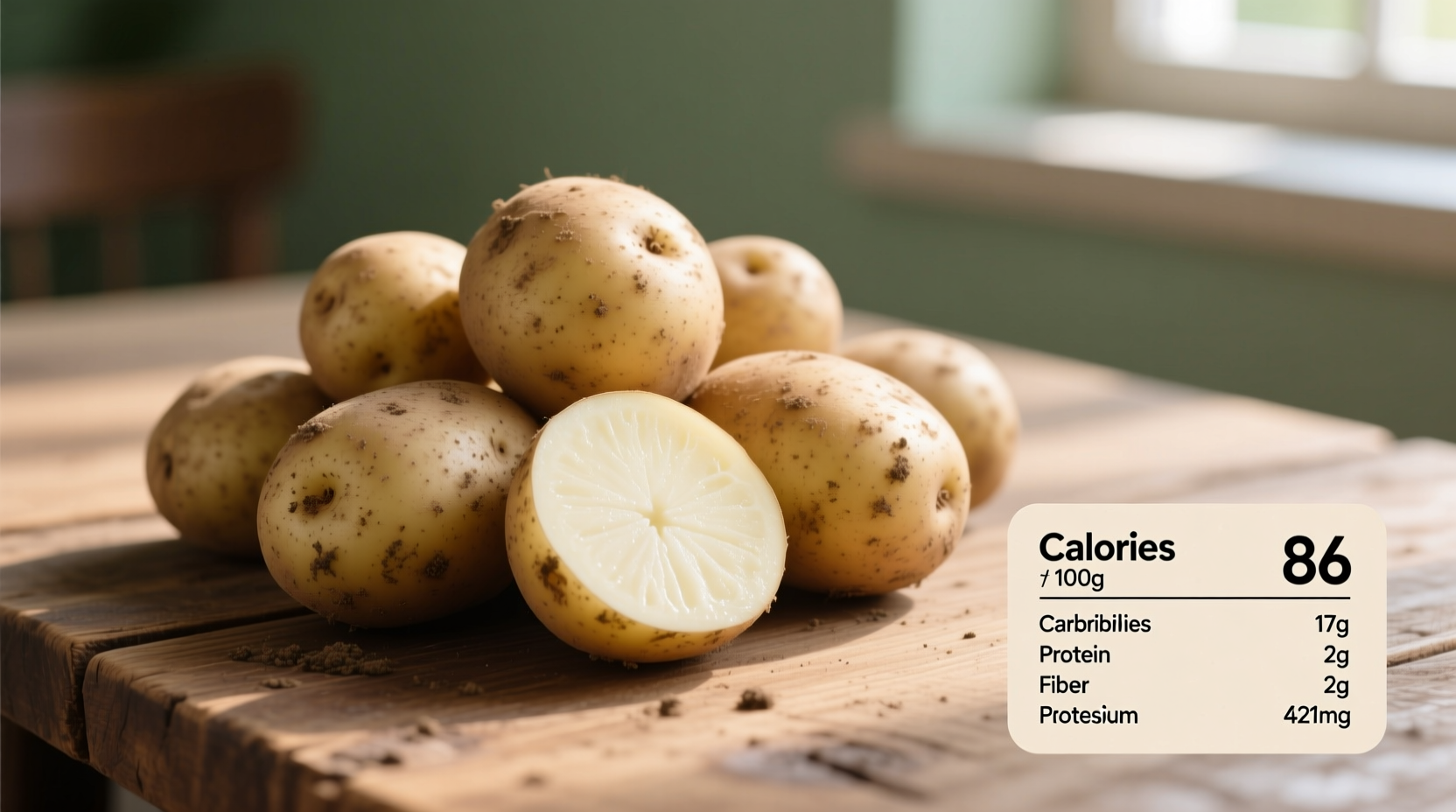 Raw potatoes with nutritional information chart
