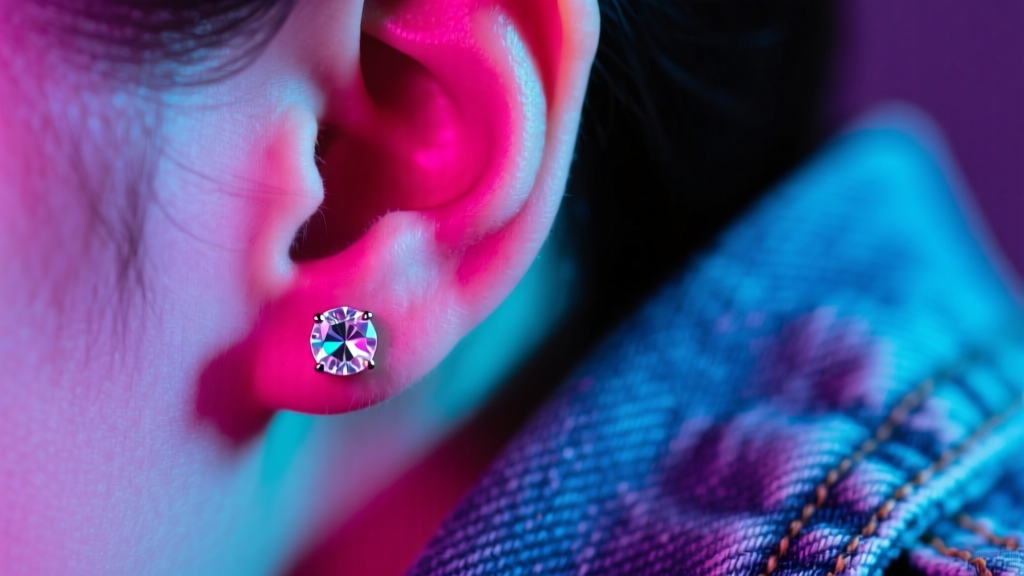 Close-up of a 3mm clear crystal stud earring in a left ear lobe, lit by moody 80s neon light against a faded denim collar