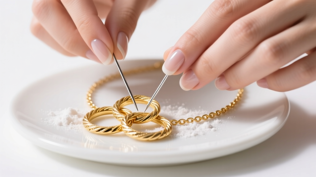 Hands using two fine push-pins and baby powder to carefully untangle a knotted 18k gold 3 circle necklace on a white ceramic mat