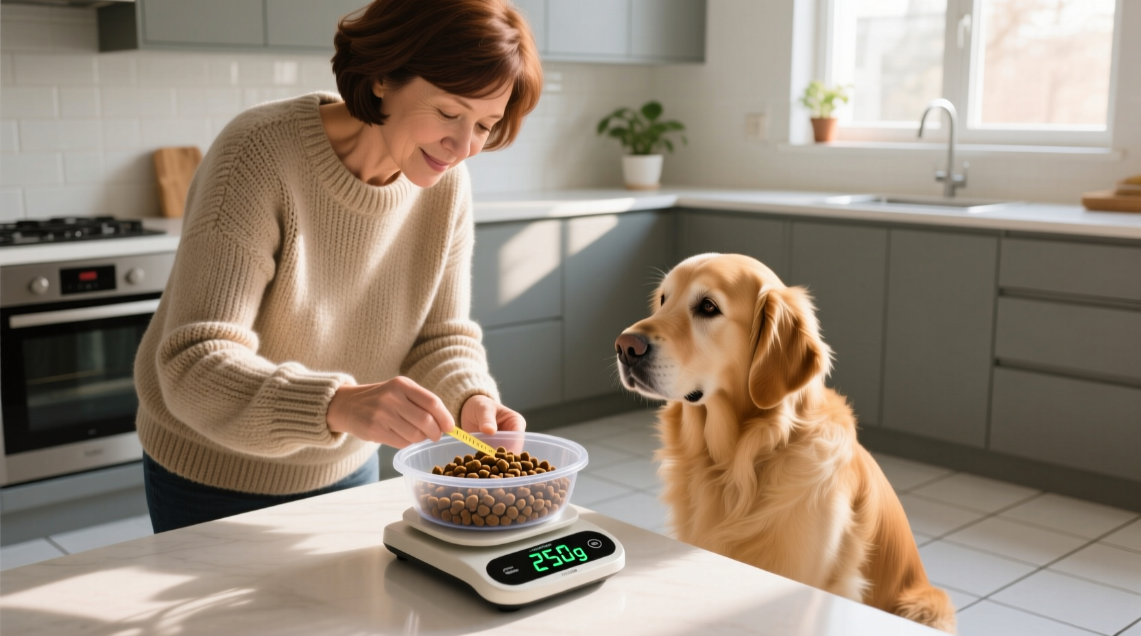Dog owner measuring food portions with scale