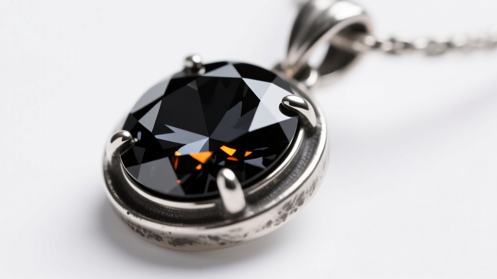 Close-up of a faceted black spinel pendant in oxidized sterling silver, showing contrast between matte metal and glossy gemstone.
