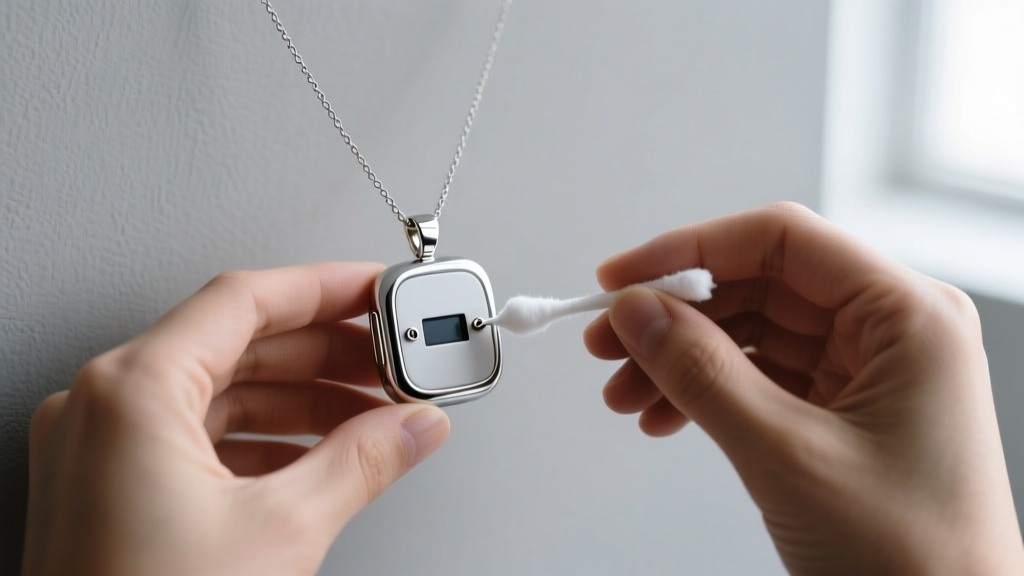 Jeweler using a cotton swab and isopropyl alcohol to clean the magnetic charging pins on a smart digital pendant necklace.