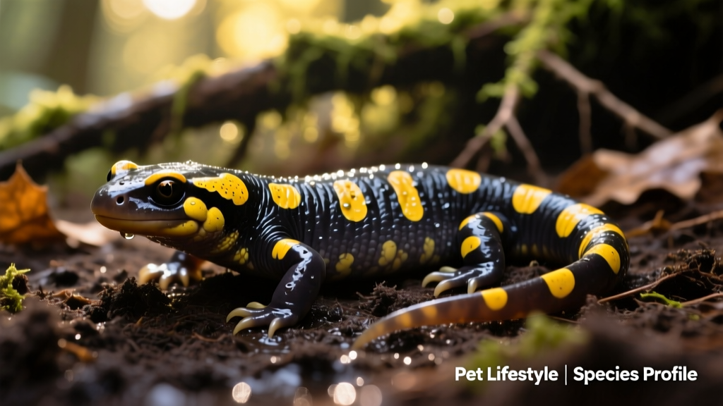 Eastern tiger salamander resting on moist soil with visible yellow markings against dark skin