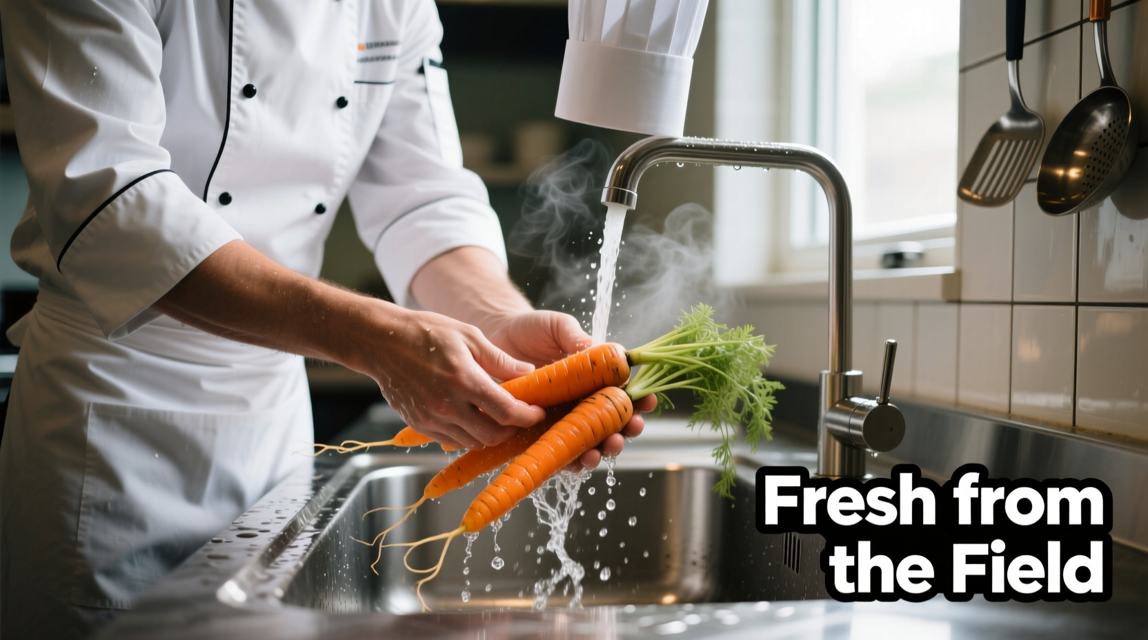 Chef washing fresh carrots under running water