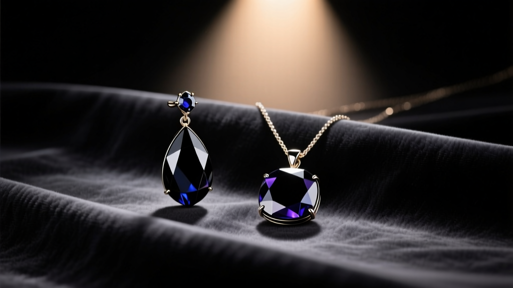Black onyx drop earring and pendant necklace set resting on dark charcoal velvet fabric, illuminated by a single warm spotlight.