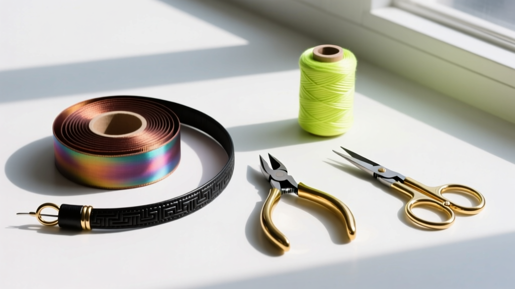 Flat lay of coiled Griffin silk, black Greek leather cord, and neon C-Lon nylon thread next to brass jewelry pliers and scissors.