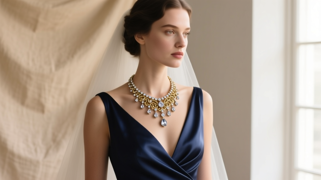 Bridal portrait featuring a wearer styled with a Napoleonic-era inspired diamond festoon necklace over a deep V-neck silk gown.