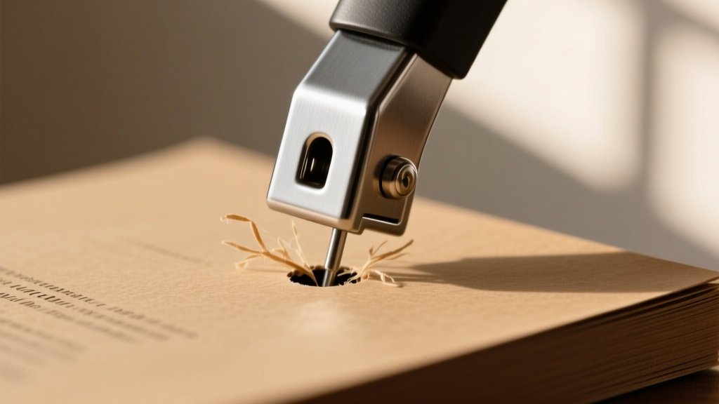 Close-up of a 1/16 inch manual hole punch creating precise perforations in thick 140lb archival cardstock for jewelry storage.
