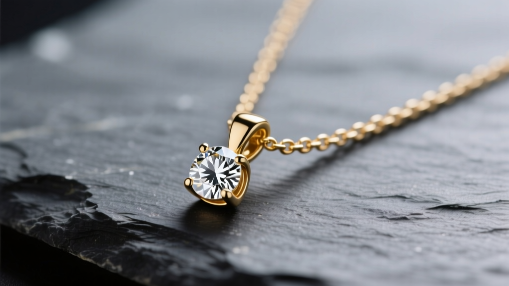 Close-up of a 14k gold ladies pendant necklace on dark slate, showing a diamond solitaire and 1.2mm cable chain in soft light.