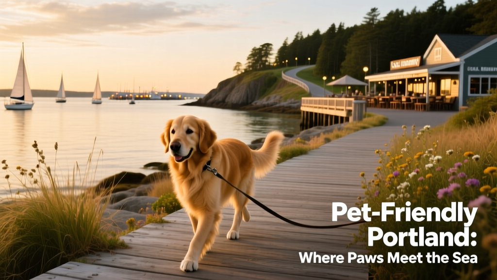 A dog walking along the Eastern Promenade with Casco Bay in the background