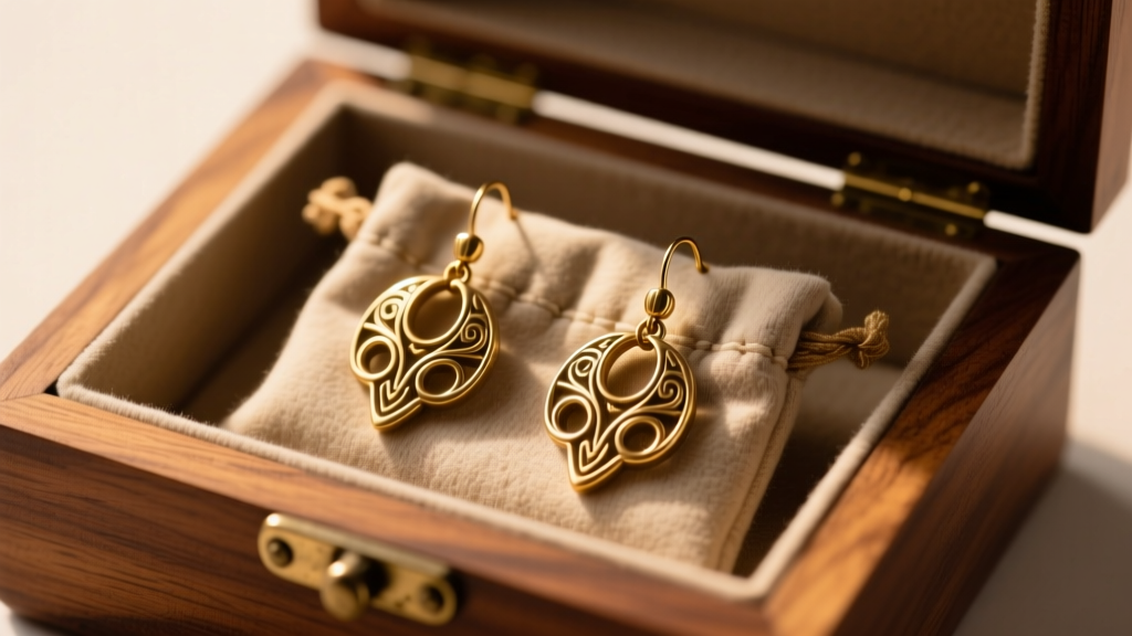 Brass sculptural earrings resting in anti-tarnish flannel pouches inside a wooden jewelry box under warm ambient lighting