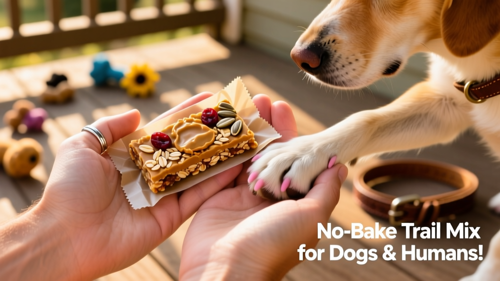 Two hands—one human, one holding a dog’s paw—holding a freshly unwrapped trail mix bar together