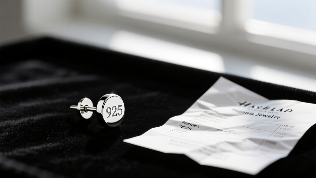 Macro shot of a silver earring post stamped with the 925 hallmark, resting on dark velvet next to a printed Spanish jewelry receipt.