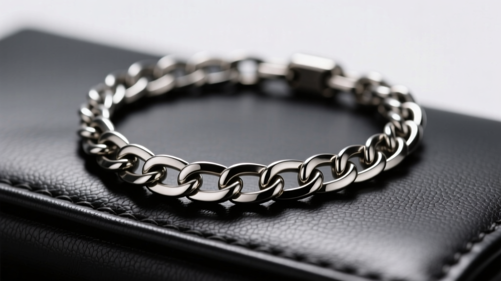 Macro shot of 14mm steel tire tread chain necklace on black leather, showing deep metal grooves under soft studio lighting