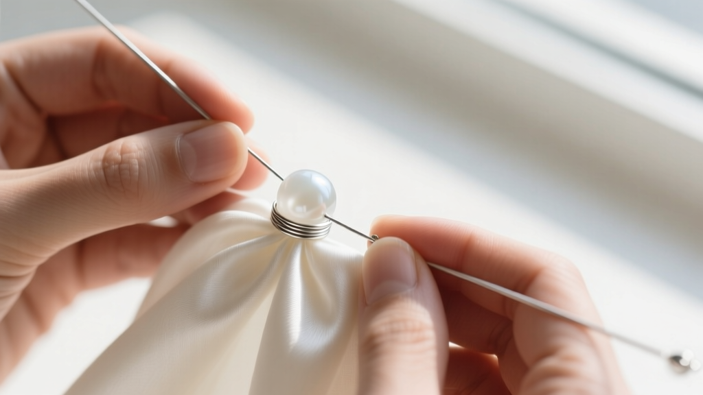 Hands threading size G silk cord through a white coral bead, with silver French wire gimp protecting the thread near the clasp.