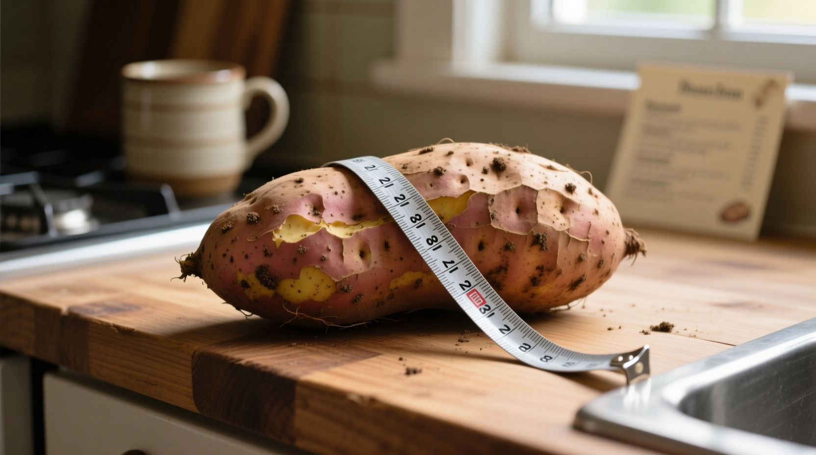 Large sweet potato on kitchen counter with measuring tape
