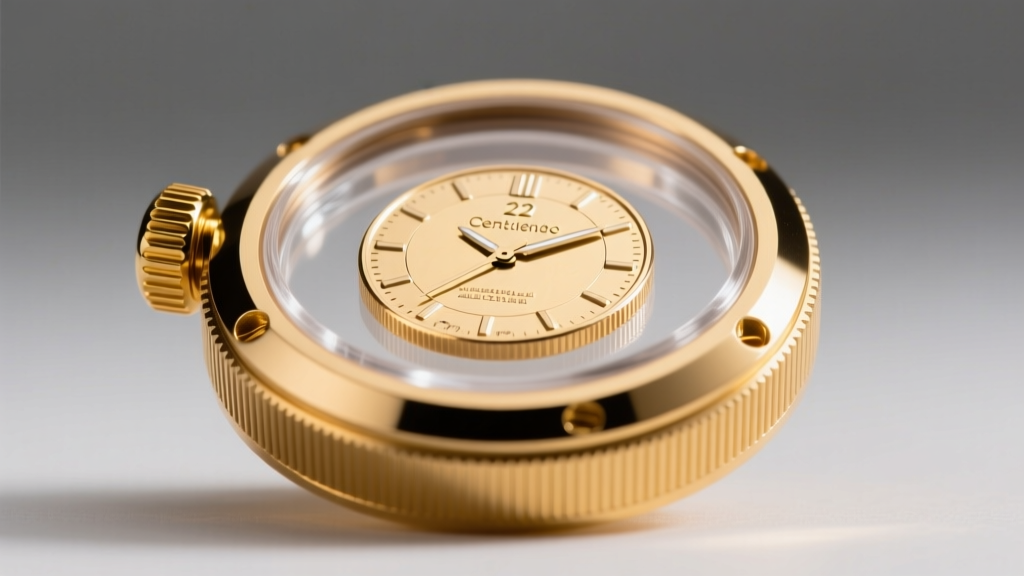 Macro shot of a 22k gold screw-top bezel holding a Centenario coin, showing threaded edges and a clear acrylic protective insert.