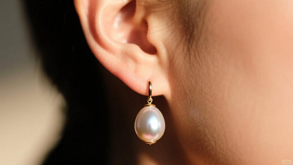 Close-up of an earlobe wearing a heavy teardrop pearl earring, showing slight downward stretching under warm cinematic lighting.