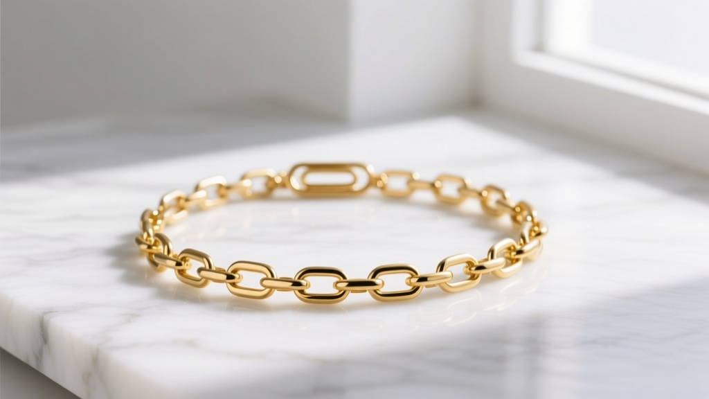 Close-up of 18k gold vermeil paperclip necklace on white marble, lit to show warm gold luster and detailed metal chain links.
