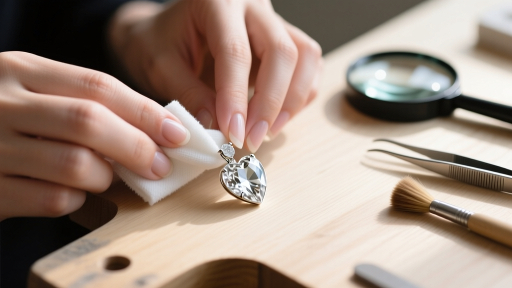 Hands using a microfiber cloth to remove oxidation from a white metal heart-shaped gemstone pendant on a wooden jeweler workbench.