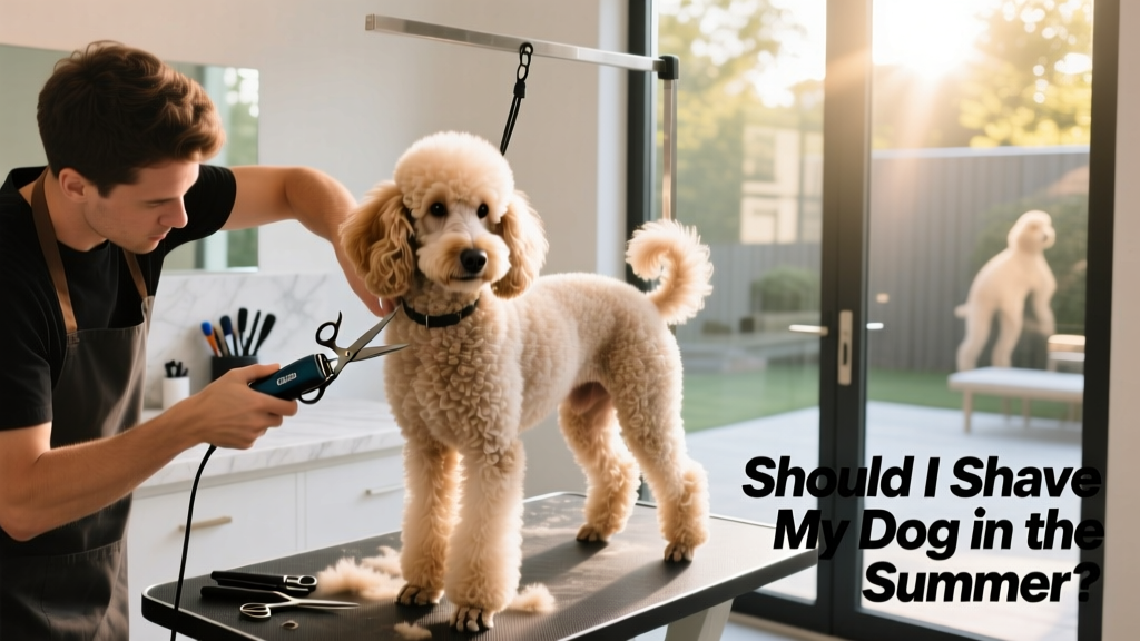 A professional groomer carefully trimming a Poodle’s coat with clippers and shears, focusing on symmetry and comfort