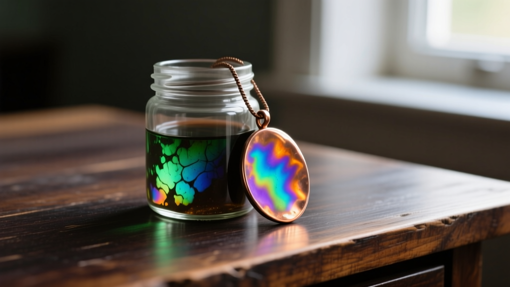 Glass jar of liver of sulfur beside an oxidized copper pendant showing vibrant rainbow patina colors on a dark wooden desk.