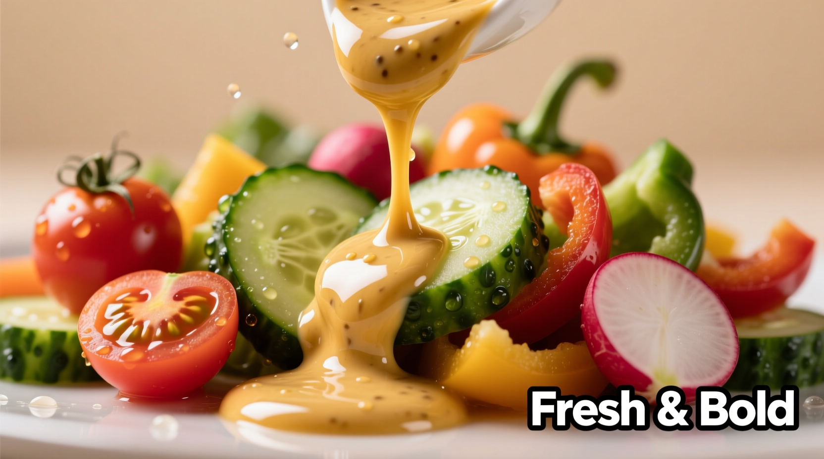 Close-up of ranch dressing drizzled over fresh vegetables