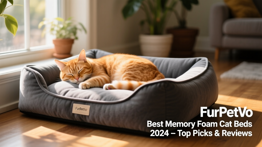 FurPetVo Memory Foam Cat Bed in charcoal gray placed beside a sunlit window, with a ginger cat napping nearby