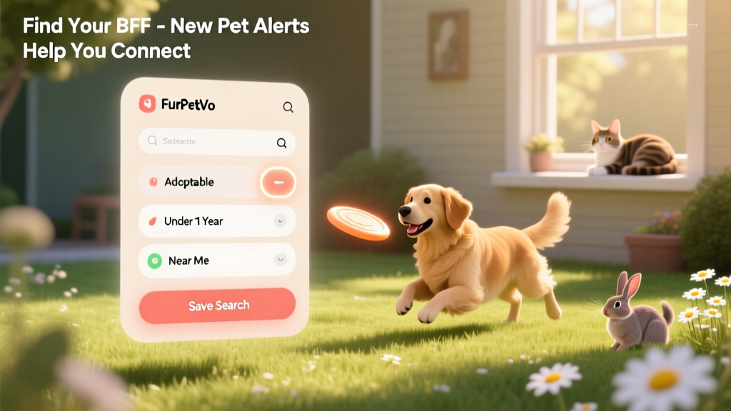 Screenshot-style illustration showing a FurPetVo search interface with filters selected and a 'Save Search' button highlighted