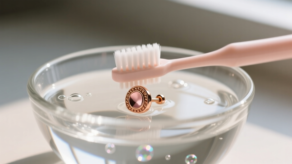 Soft baby toothbrush gently scrubbing a heavy rose gold stud earring submerged in soapy distilled water inside a clear glass bowl.