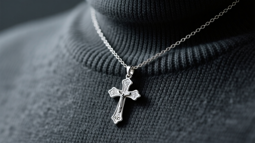 A .925 silver cross pendant on a 2mm box chain against a dark grey crewneck sweater, lit by soft directional studio lighting.