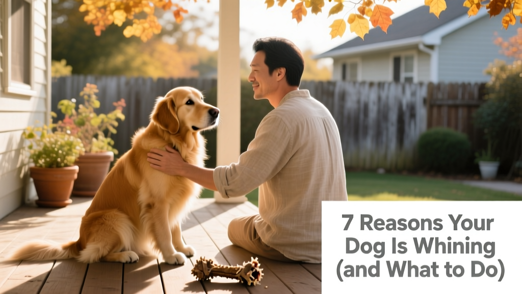 Dog sitting quietly beside their owner, looking relaxed and engaged, with a chew toy nearby