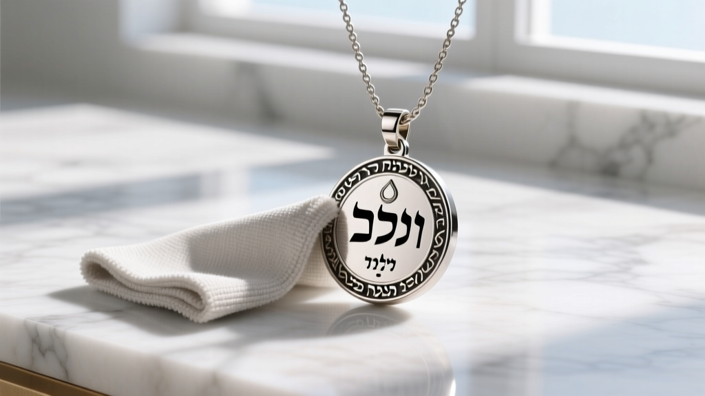 Microfiber cloth polishing a titanium Israeli mezuzah necklace pendant on a clean marble surface under bright natural daylight.