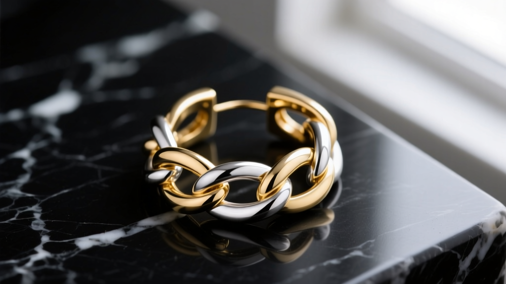 Close-up of interlocking 18k gold and sterling silver micro-rings forming a linked hoop earring resting on a dark marble surface.