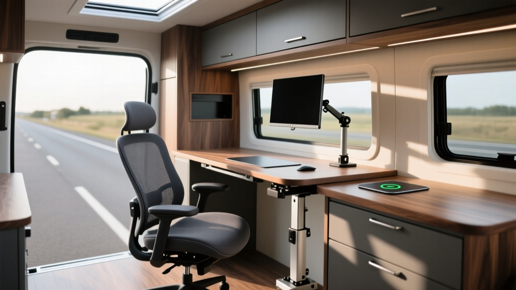 Ergonomic RV workspace featuring an actuated lift desk and a premium mesh office chair bolted to the floor of a Sprinter van.