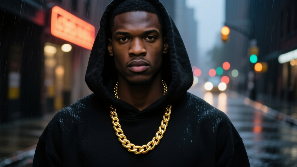 Model wearing a heavy gold rope chain and wide Cuban link necklace over a black hoodie, captured in moody urban street lighting.