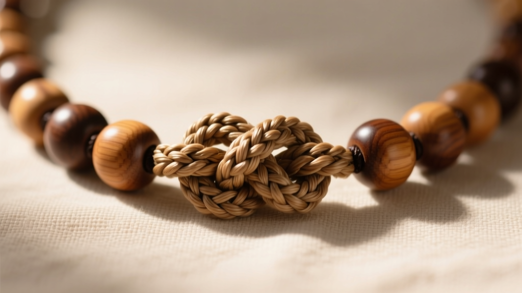 Macro shot of a braided nylon macrame sliding knot on a wood beaded necklace, showing the textured thread and smooth bead ends.