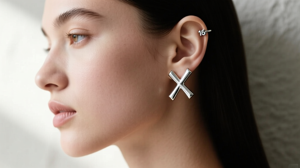Side profile of a model wearing delicate silver x earrings on upper cartilage, showcasing proper 16-gauge fit and soft lighting.