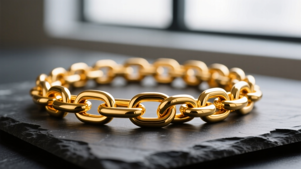 Macro photography of a thick 24k pure gold chain link on dark slate, highlighting its rich, deep yellow-orange metallic luster.