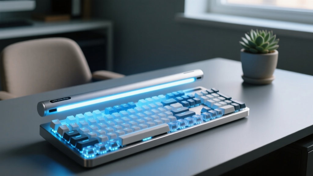 Close-up of a UV-C sanitizing light bar gliding over a mechanical keyboard, emitting a soft blue glow in a dimly lit, ergonomic home office.