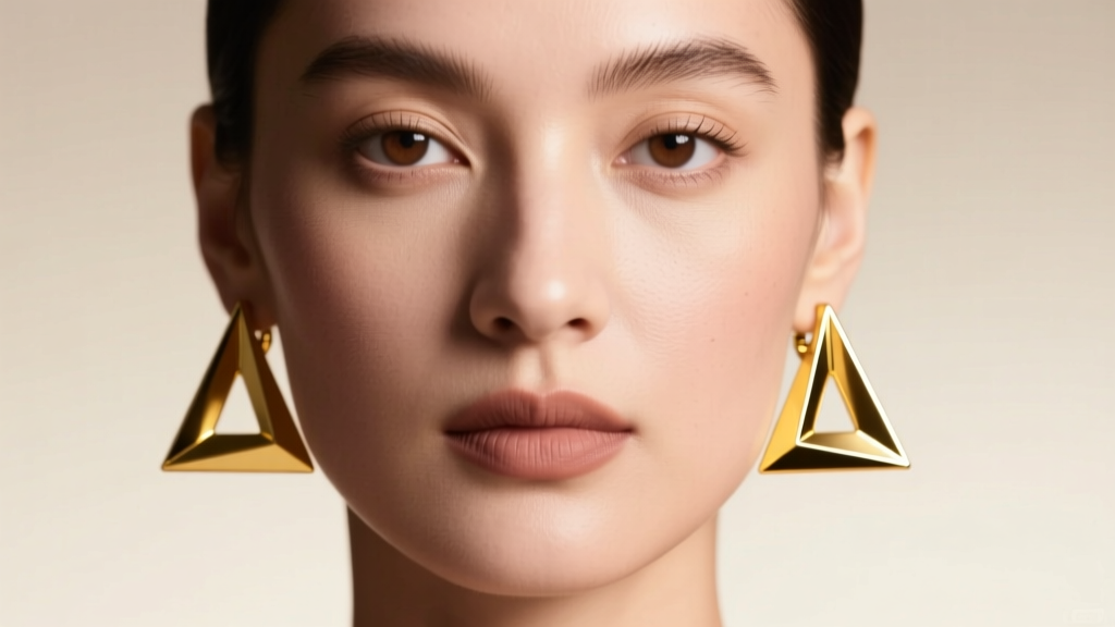 Close-up of a woman wearing 18k yellow gold triangle hoop earrings, soft studio lighting highlighting the sharp geometric edges.