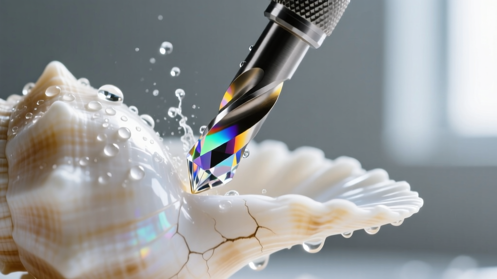 Extreme close-up of a diamond micro-drill bit piercing a white cone shell, with water droplets cooling the calcium carbonate edge.