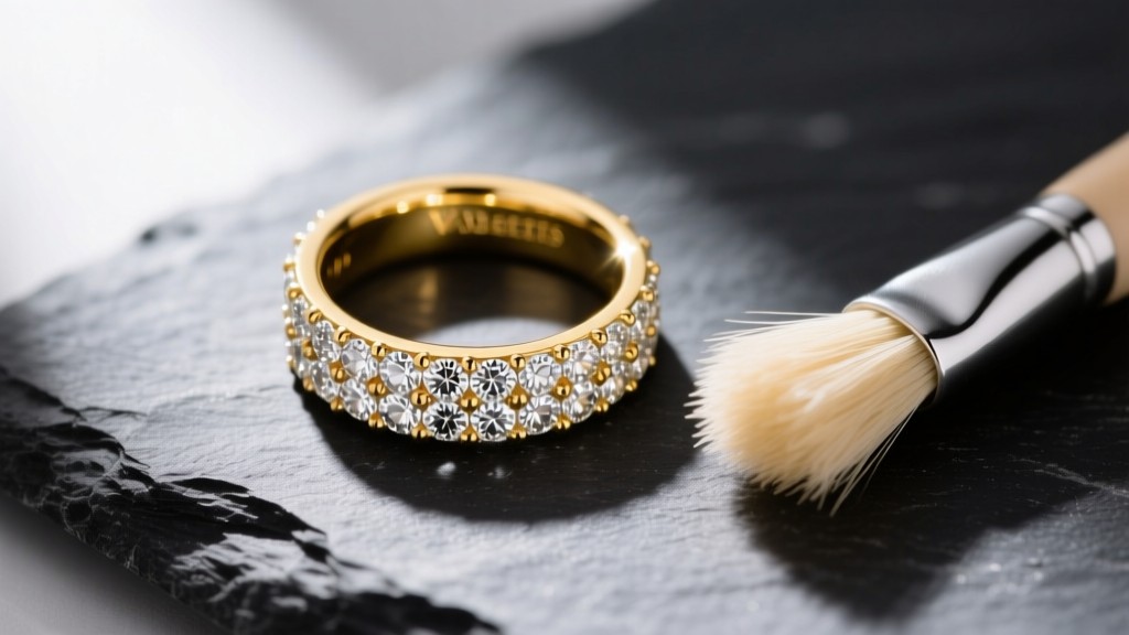 Overhead view of an 18k yellow gold Van Betts fine jewelry pavé diamond ring on dark slate beside a soft bristle cleaning brush