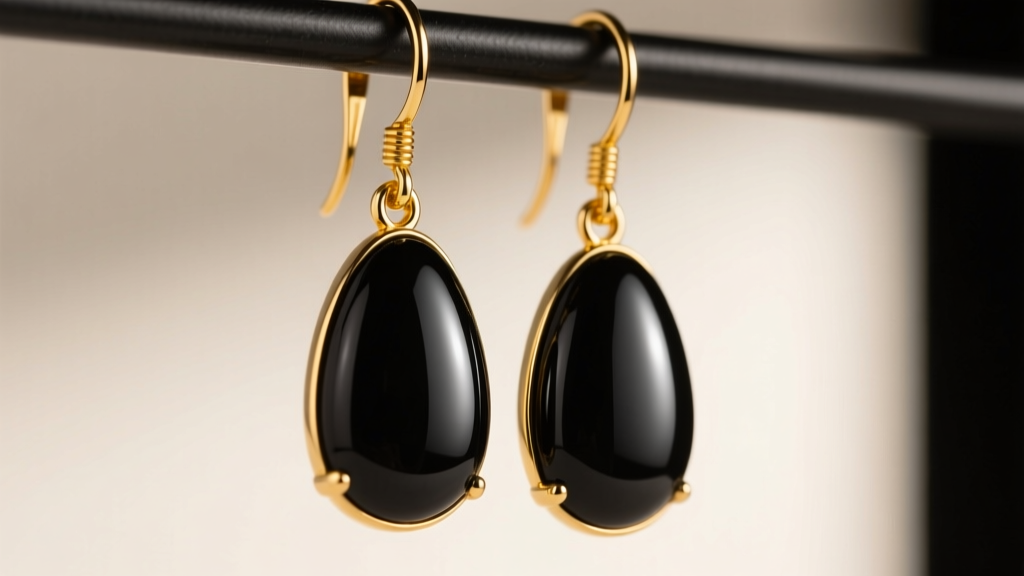 Polished black onyx drop earrings suspended from 18k yellow gold leverback wires, studio lighting highlighting the glassy luster.