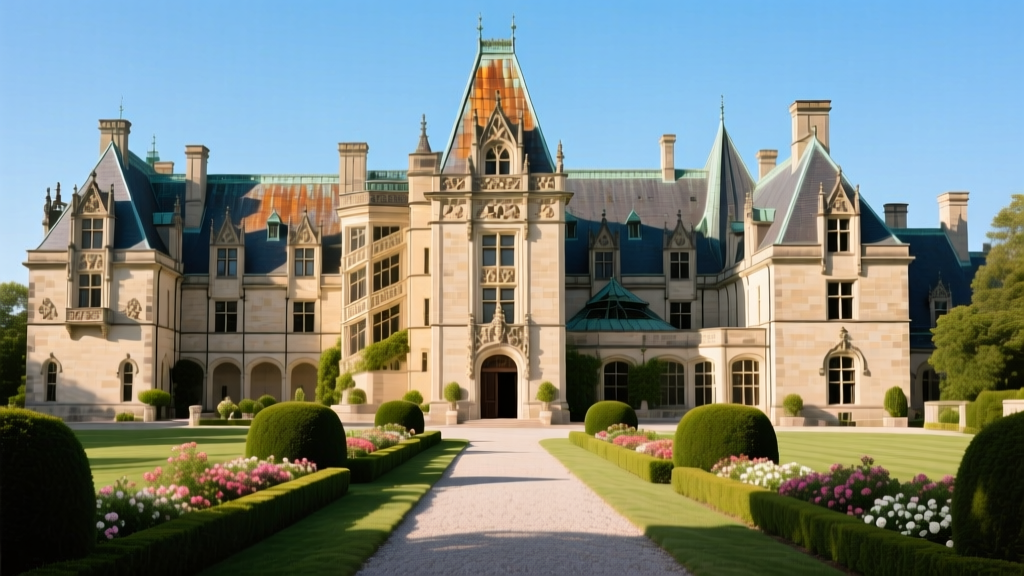 Biltmore Estate limestone facade with manicured gardens, highlighting intricate Gilded Age masonry and steep historic rooflines